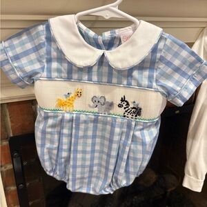 Blue Gingham Baby Romper with Animal Embroidery